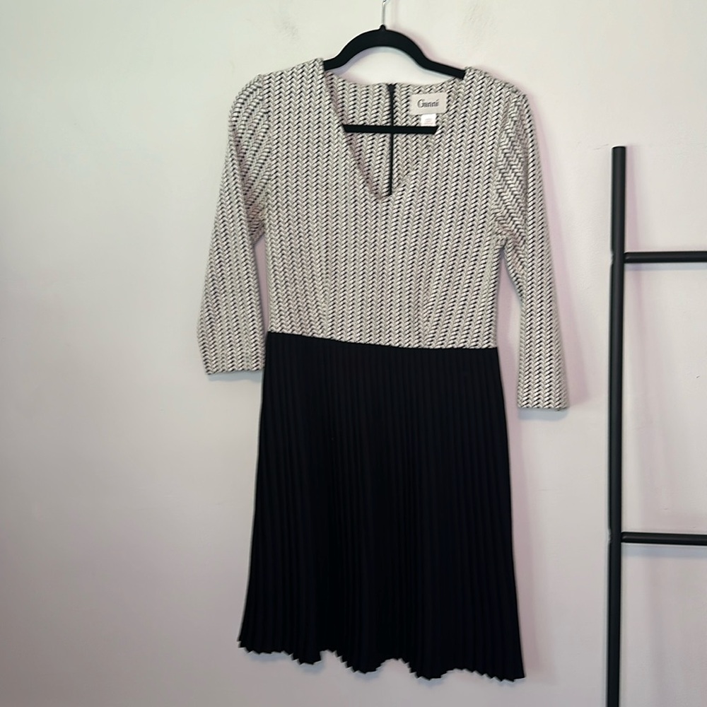 Ganni (Anthropologie) Cream Jacquard Jersey W/ Black Pleated Skirt Dress